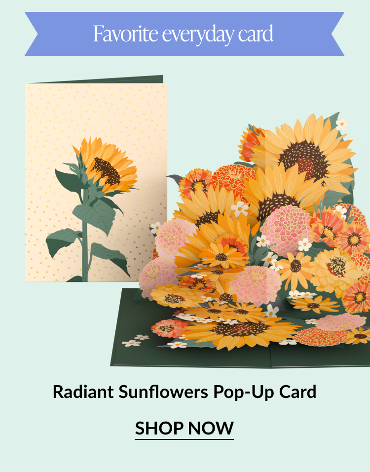 Pop-up card with bright sunflowers and other blooms. Button: “Shop Now”