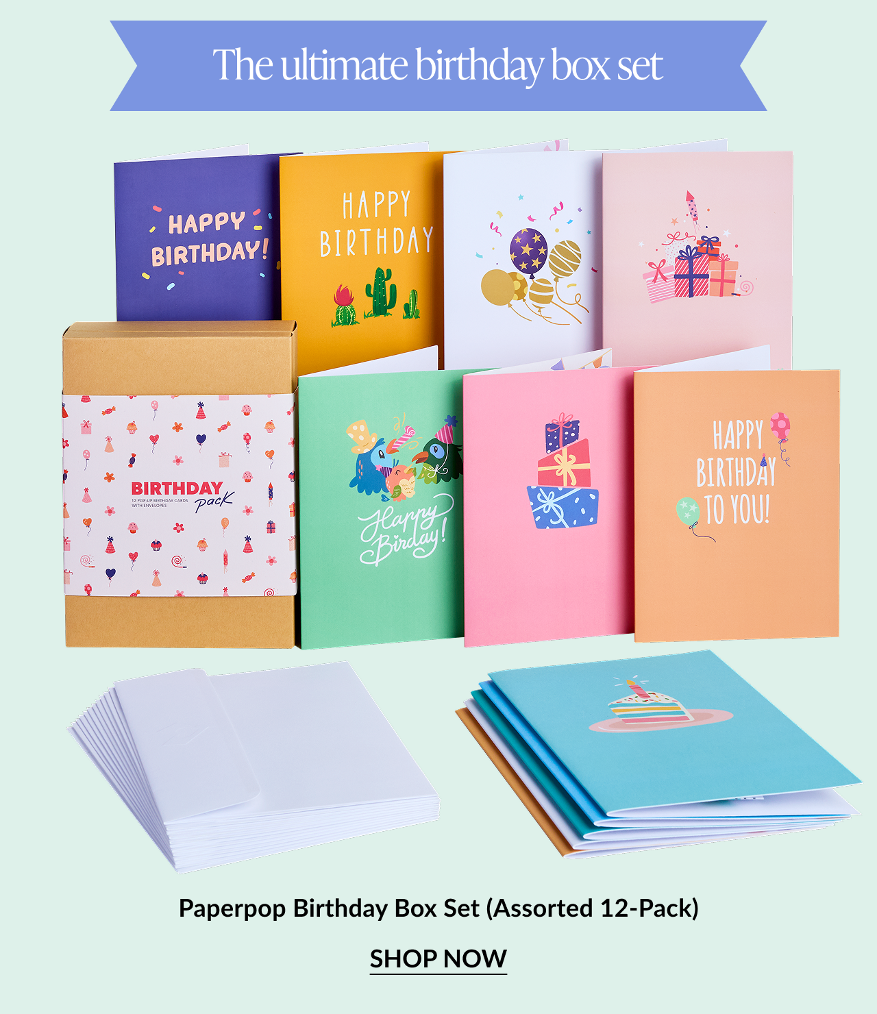Boxed set of 12 colorful birthday cards with various designs. Button: “Shop Now”