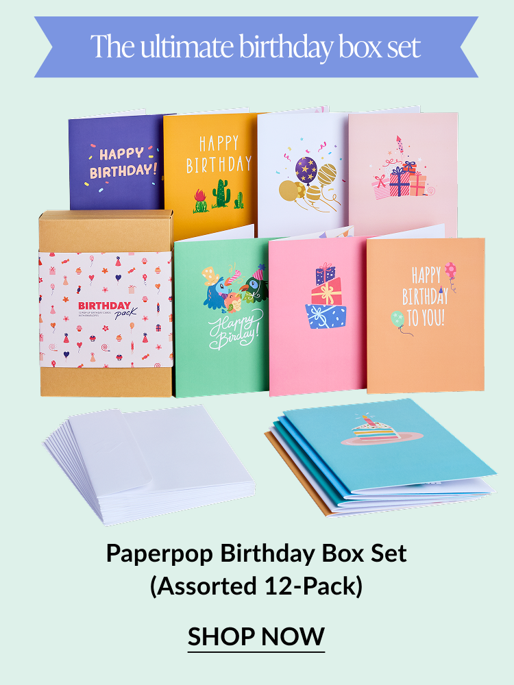 Boxed set of 12 colorful birthday cards with various designs. Button: “Shop Now”
