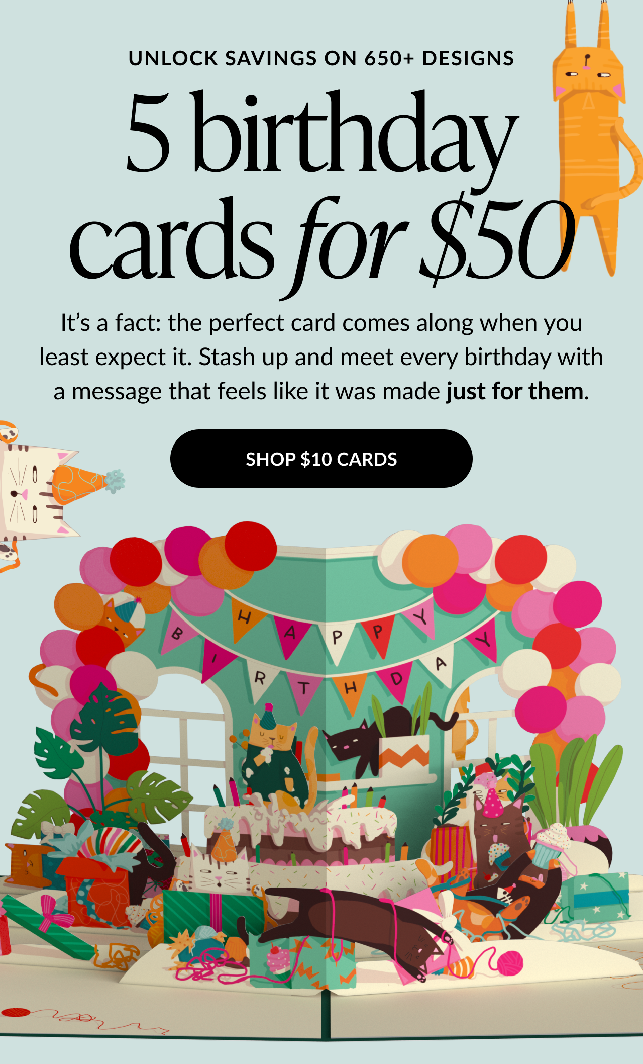 Pop-up card scene with colorful birthday decorations, cat characters, and gift boxes