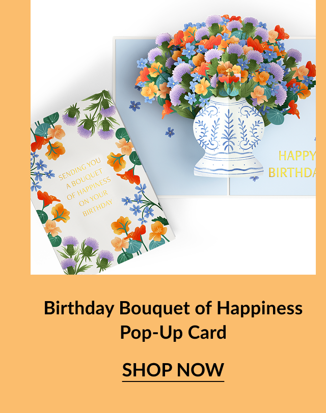 Three magical-themed birthday pop-up cards including a cake, potion shelf, and mystical eye.