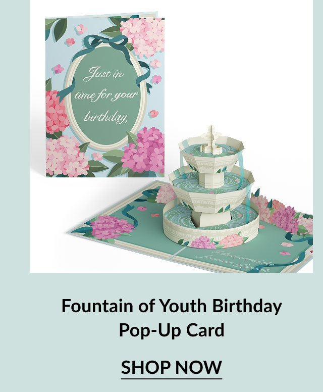 Fountain of Youth Birthday card featuring a floral design and 3D fountain pop-up