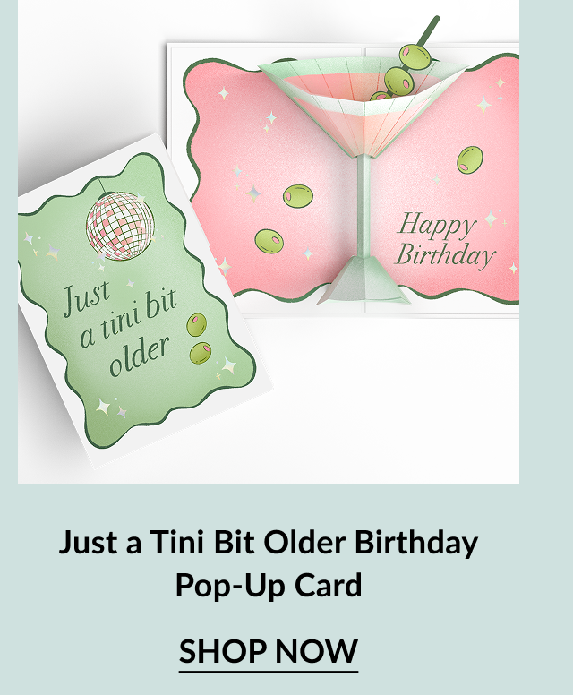 Just a Tini Bit Older Birthday card with olive and martini pop-up design