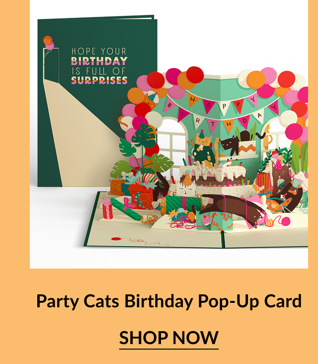 Party Cats birthday card with colorful party scene and 3D cats