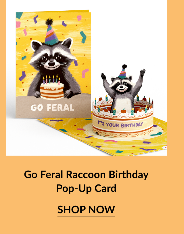 Go Feral raccoon birthday card with a raccoon in a pop-up cake