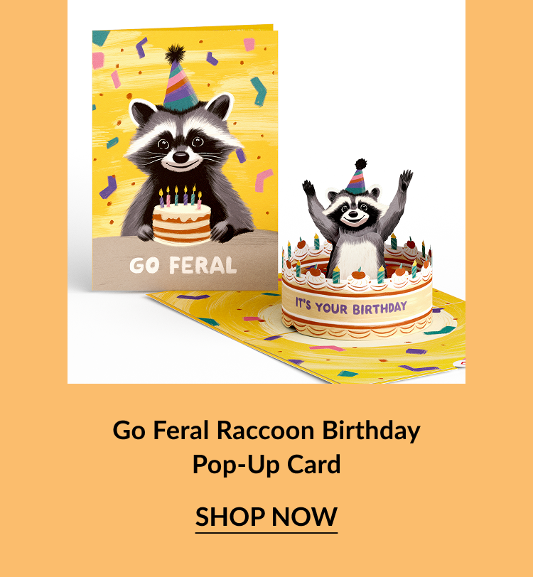 Go Feral raccoon birthday card with a raccoon in a pop-up cake