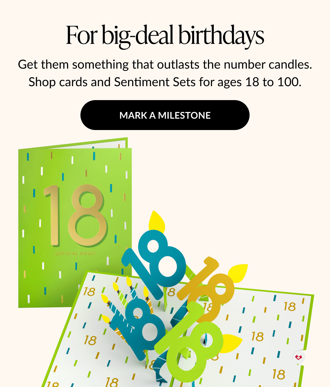 Milestone birthday card for age 18 with a bold number and candle pop-up design