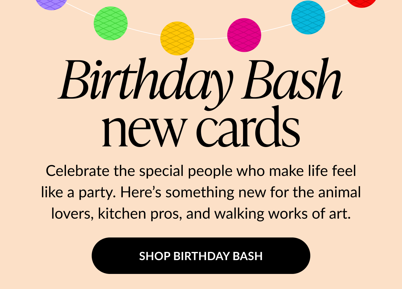 Birthday Bash announcement with colorful lanterns and a call to shop new birthday cards