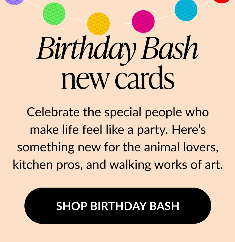 Birthday Bash announcement with colorful lanterns and a call to shop new birthday cards