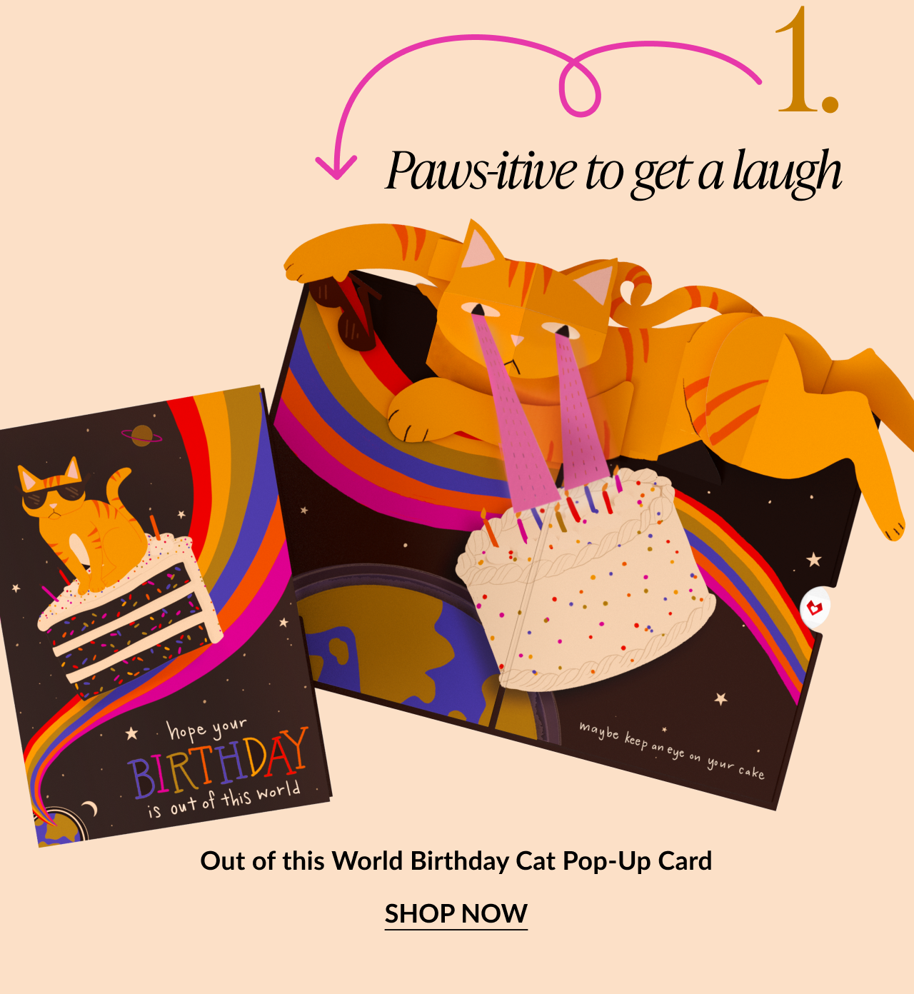 Pop-up birthday card featuring an orange cat with a cake and rainbow design