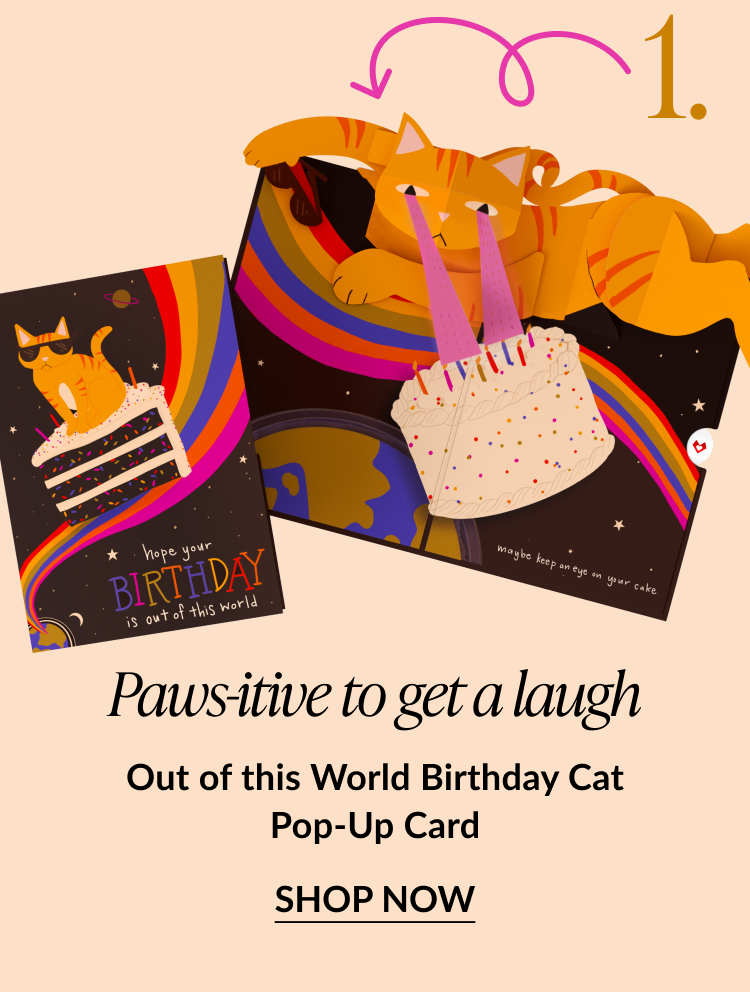 Pop-up birthday card featuring an orange cat with a cake and rainbow design