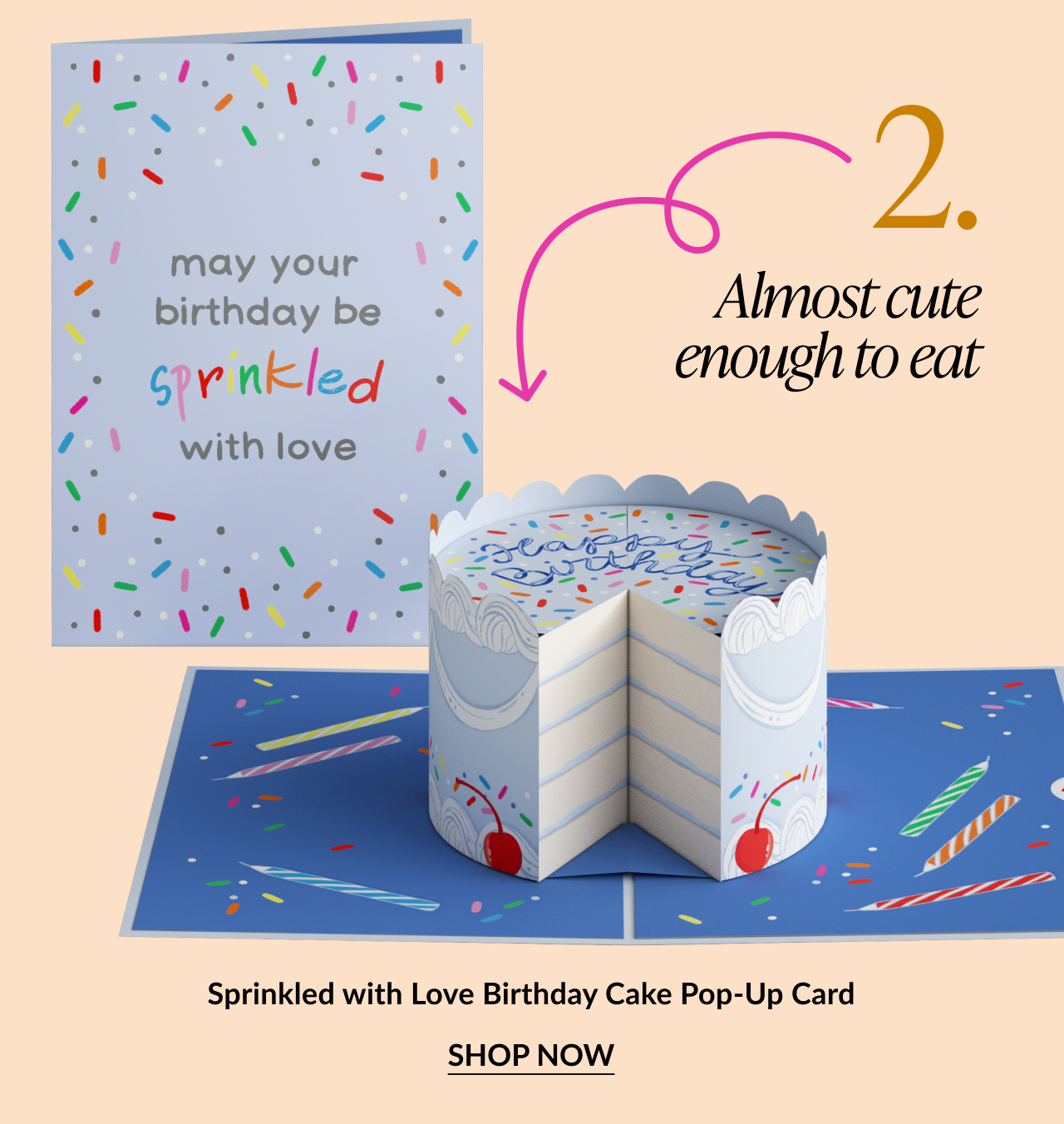 Pop-up birthday card shaped like a sprinkle-covered cake with lit candles