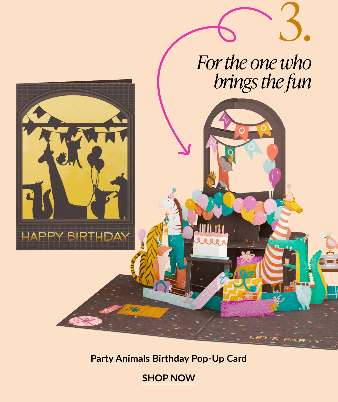 Pop-up birthday card with animals partying under a birthday banner