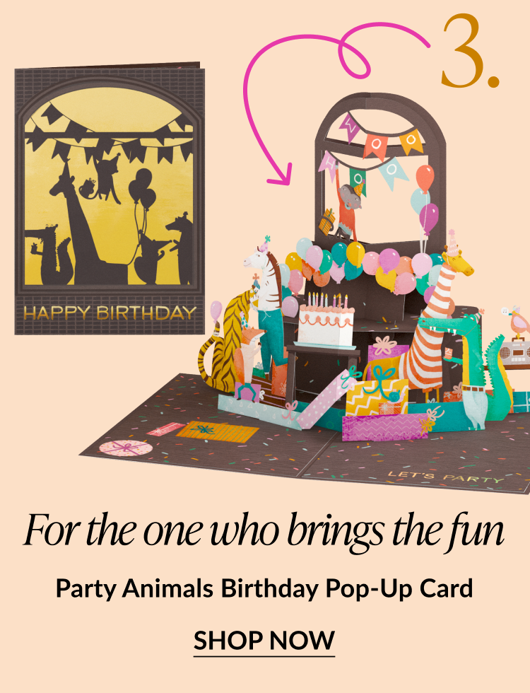 Pop-up birthday card with animals partying under a birthday banner
