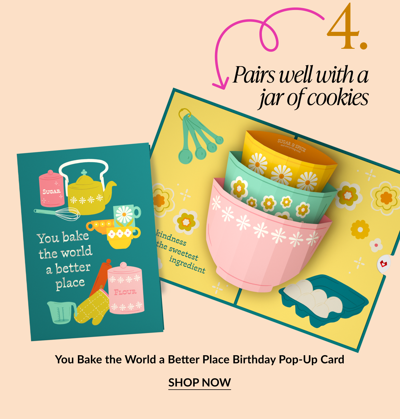 Pop-up birthday card with retro kitchen items and pastel mixing bowls
