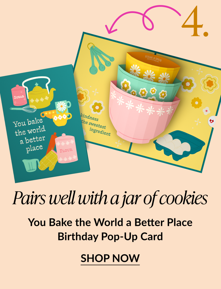 Pop-up birthday card with retro kitchen items and pastel mixing bowls