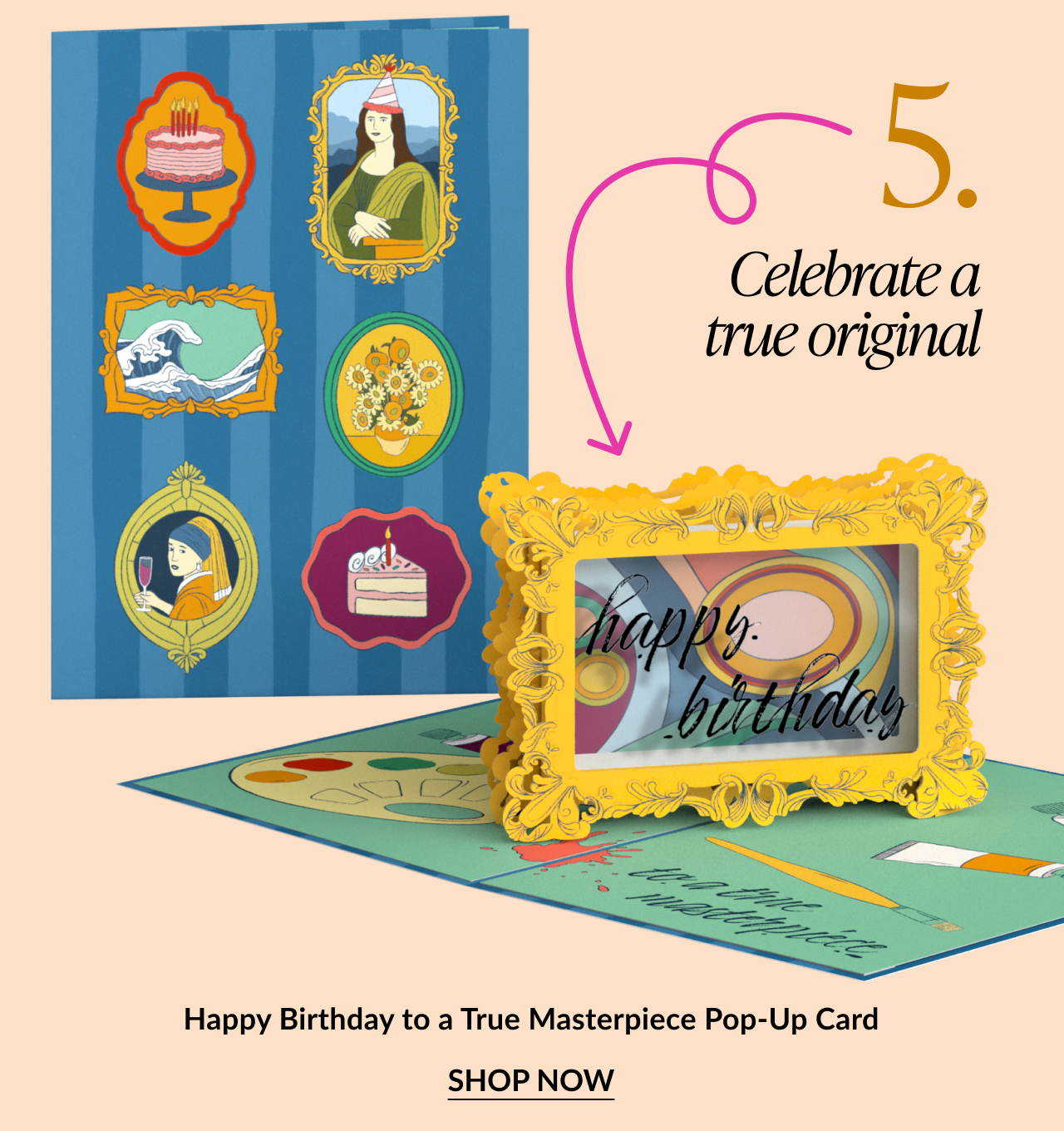 Pop-up birthday card with an art gallery theme and golden picture frame