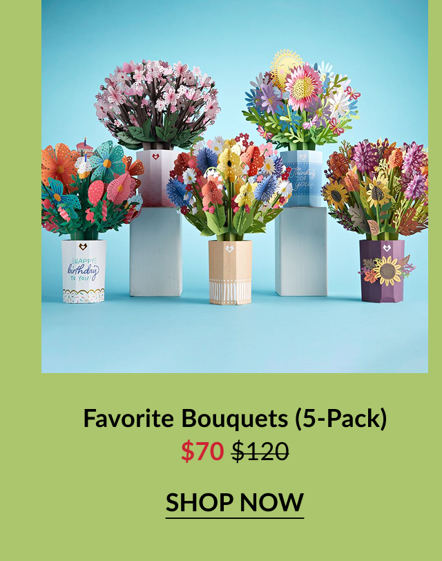 Five colorful paper flower bouquet pop-up cards shown together on pedestals