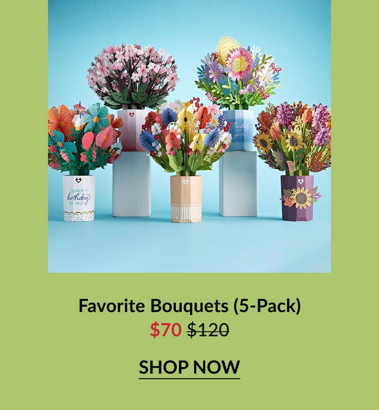 Five colorful paper flower bouquet pop-up cards shown together on pedestals