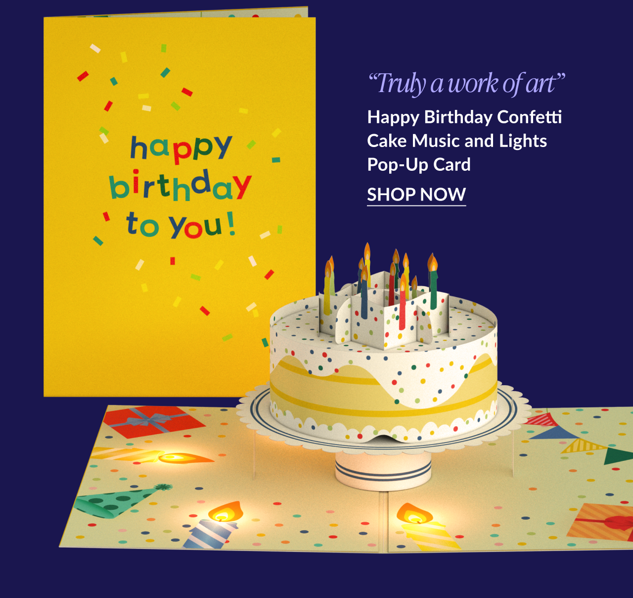 Text with customer testimonial saying These are the only cards I buy now. My family looks forward to them for all occasions