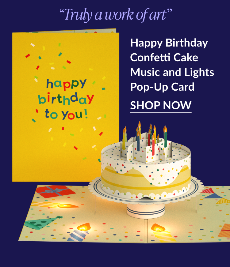 Confetti-themed birthday card and cake pop-up with candles lit and a quote Truly a work of art