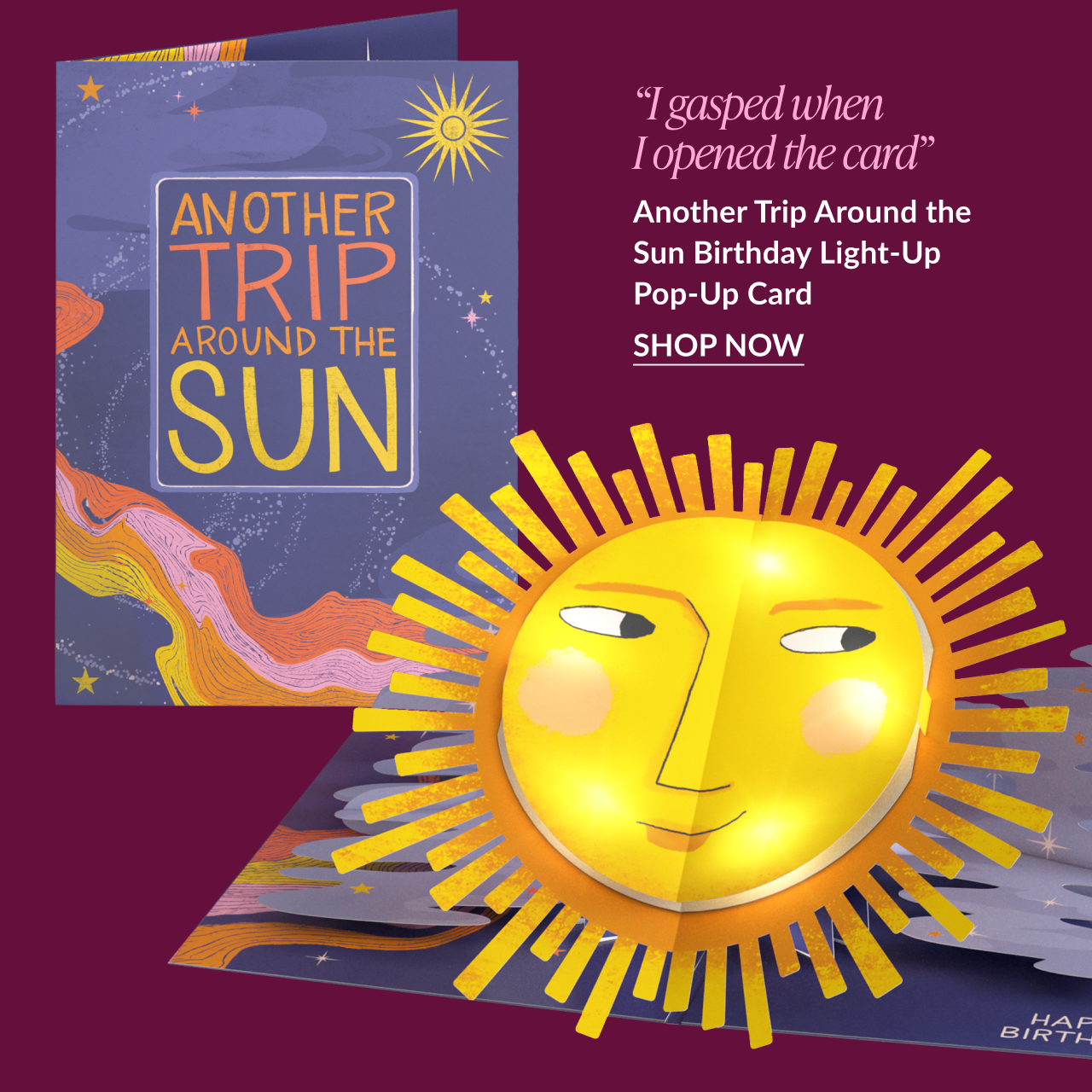 Another Trip Around the Sun light-up birthday card featuring a glowing sun and a quote I gasped when I opened the card