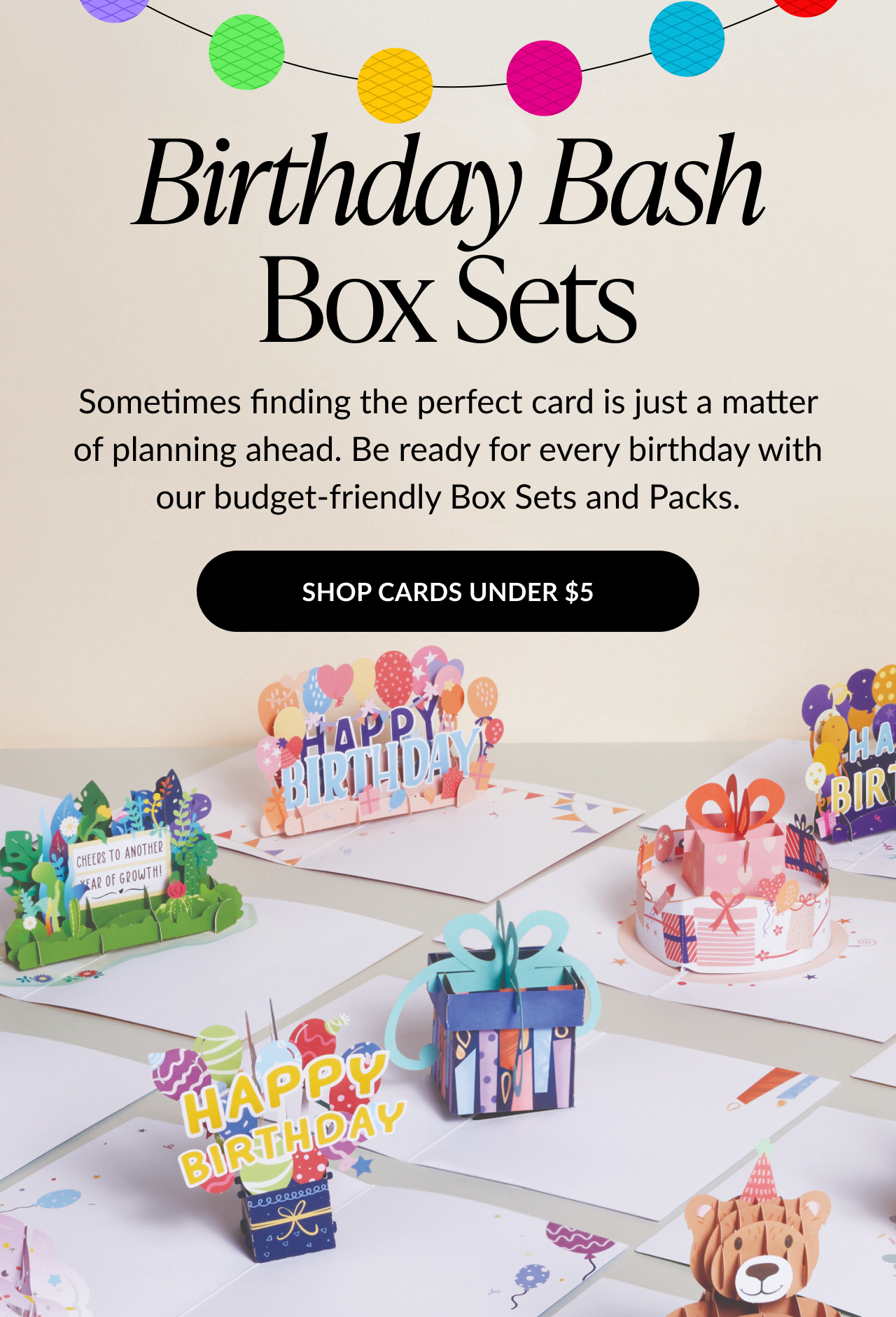 Birthday Bash announcement with colorful lanterns and a call to shop new birthday cards