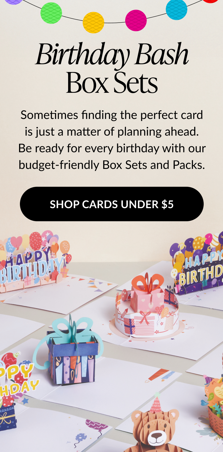 Birthday Bash announcement with colorful lanterns and a call to shop new birthday cards
