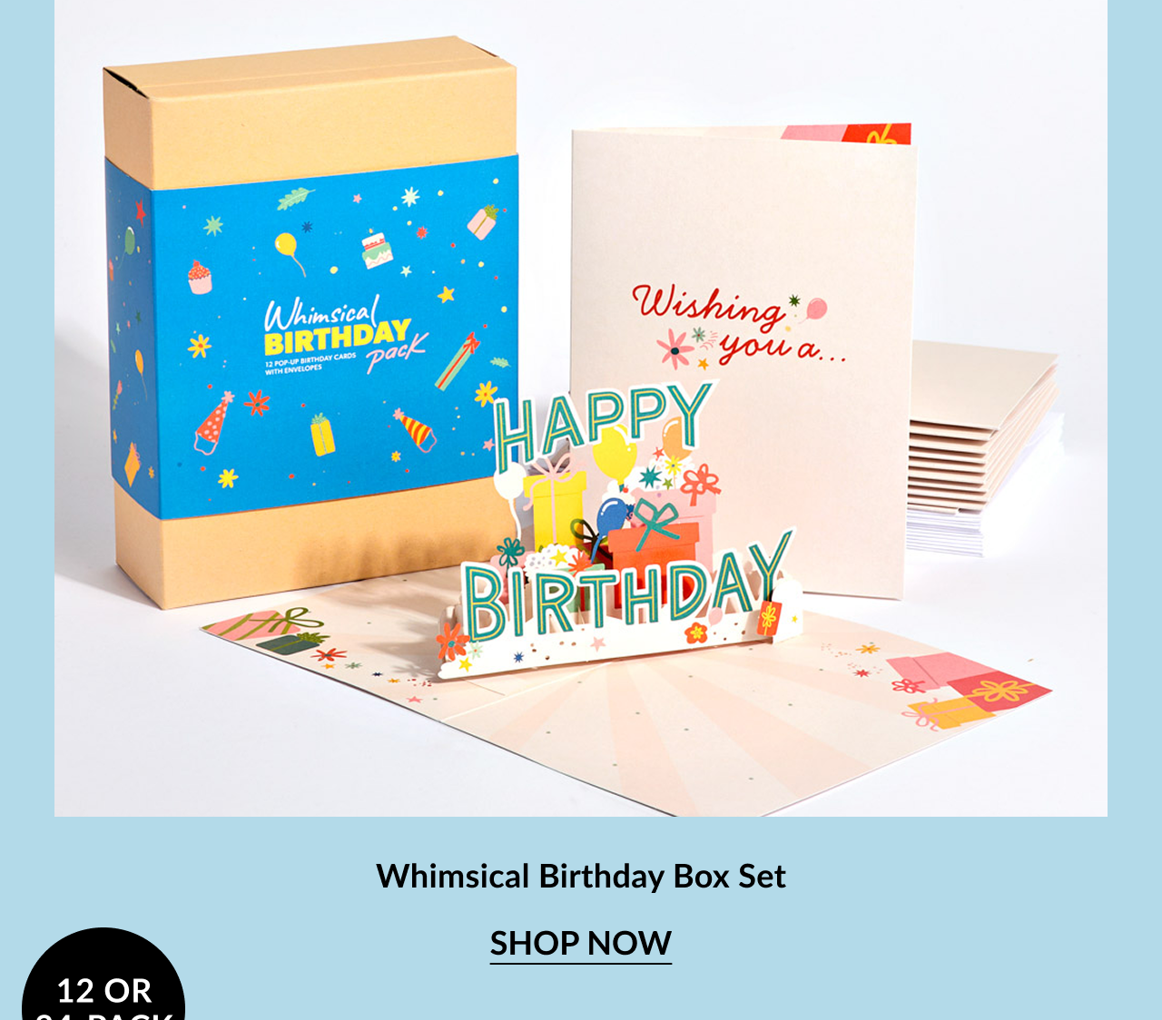 Whimsical Birthday Box Set with pop-up card and envelopes.