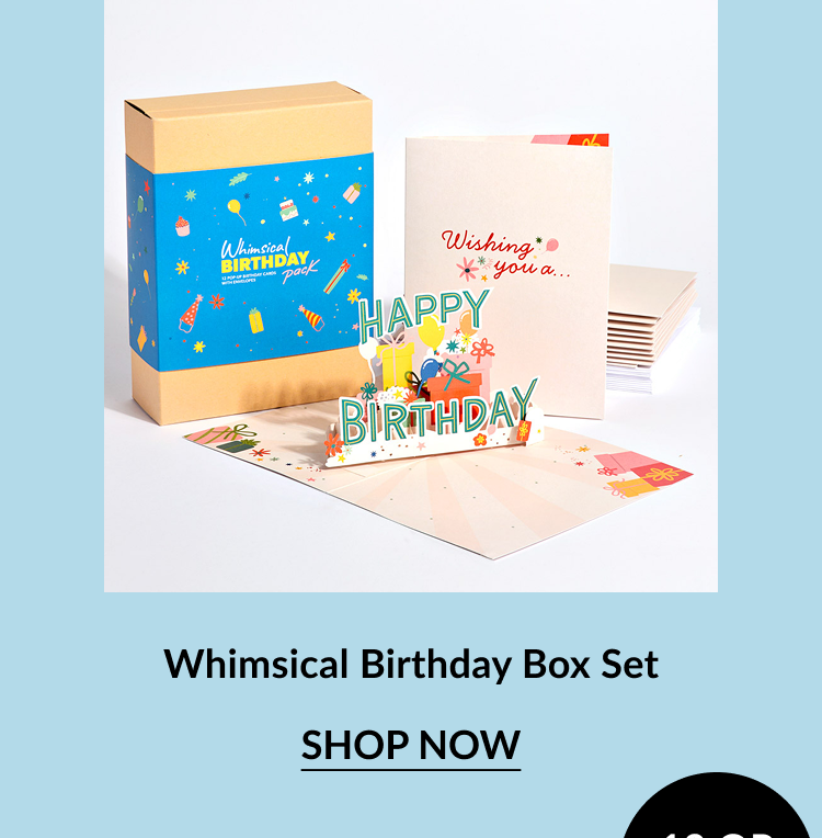 Whimsical Birthday Box Set with pop-up card and envelopes.