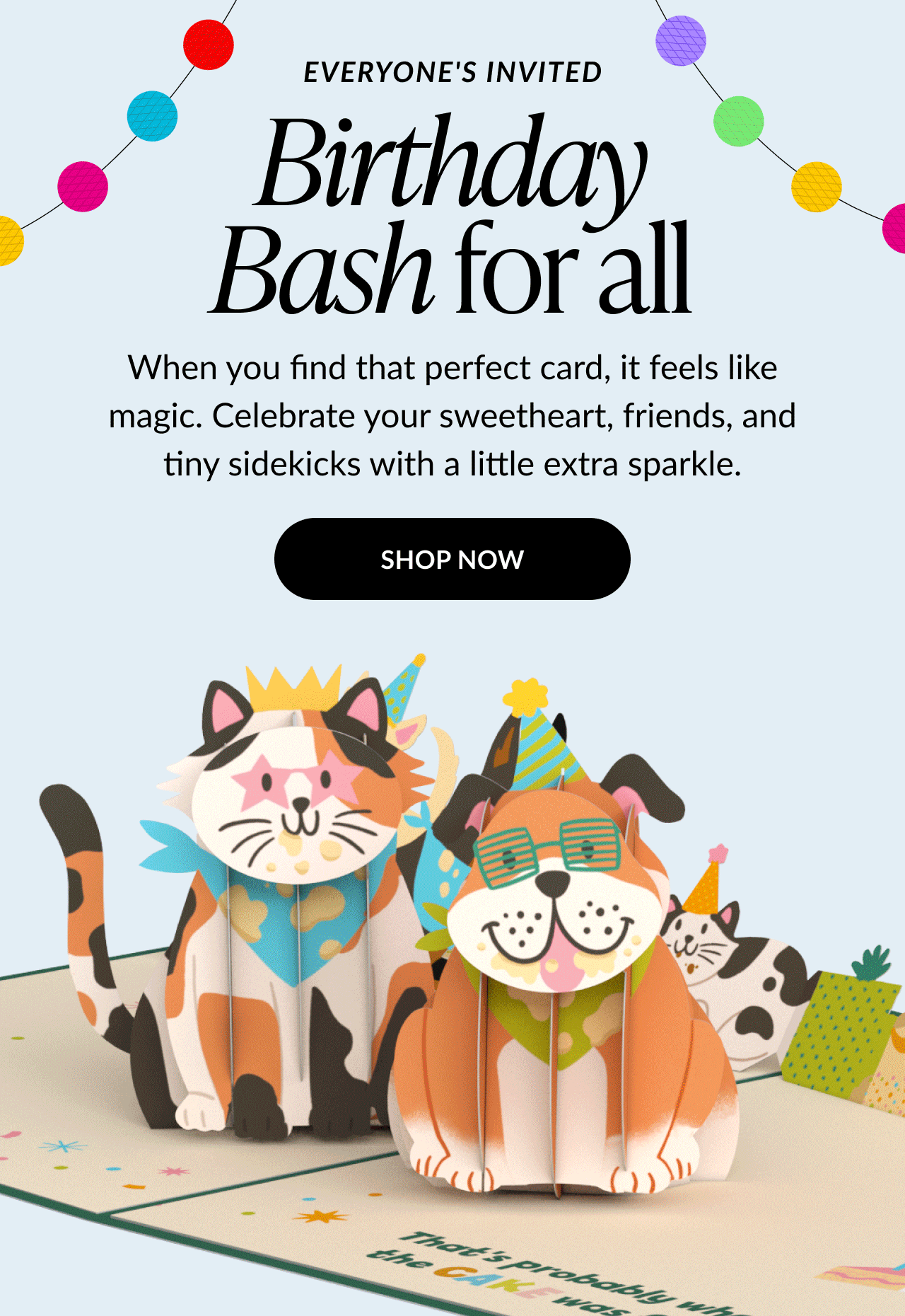 Animated birthday card display with colorful pop-up cats, dogs, and party decorations under the headline 