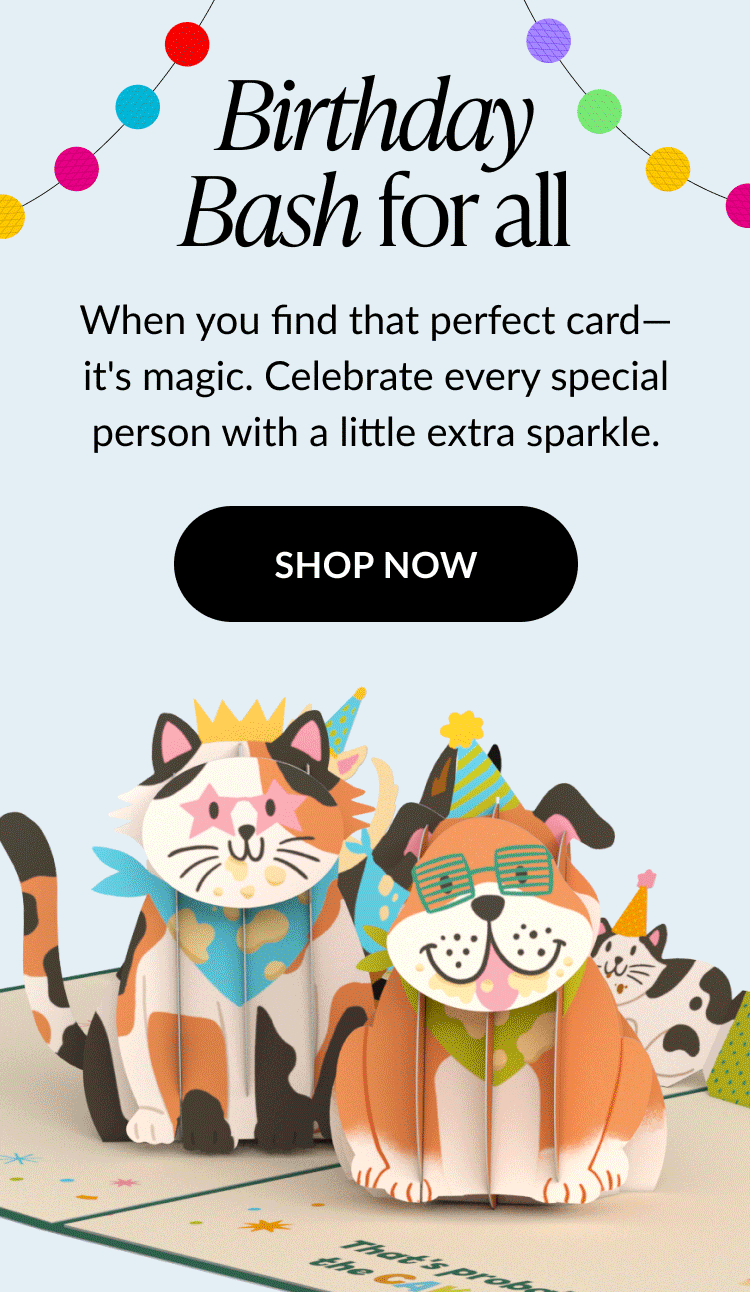 Animated birthday card display with colorful pop-up cats, dogs, and party decorations under the headline 