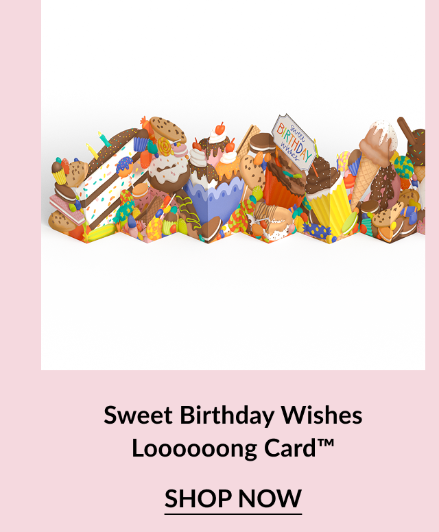 Sweet Birthday Wishes long accordion-style card with pop-up desserts like cake, cupcakes, and ice cream