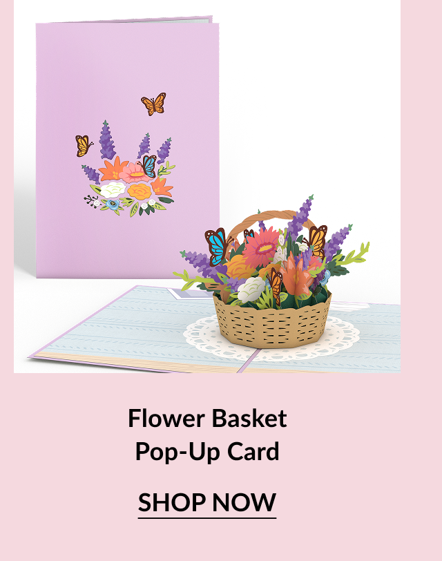 Purple floral birthday card with a 3D pop-up flower basket and butterflies