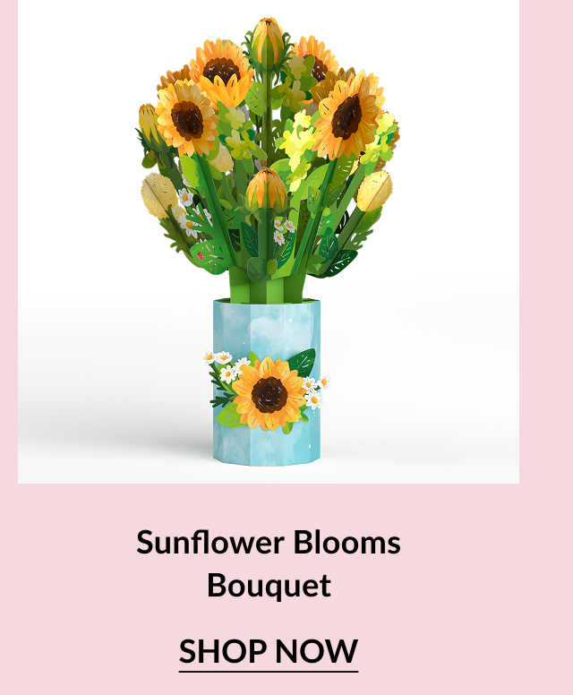 Pop-up bouquet of sunflowers in a blue floral vase