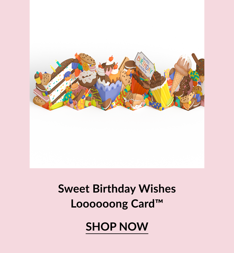 Sweet Birthday Wishes long accordion-style card with pop-up desserts like cake, cupcakes, and ice cream