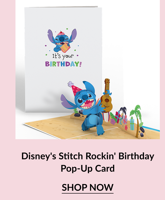 Pop-up card featuring Stitch from Disney playing guitar in a tropical birthday scene.