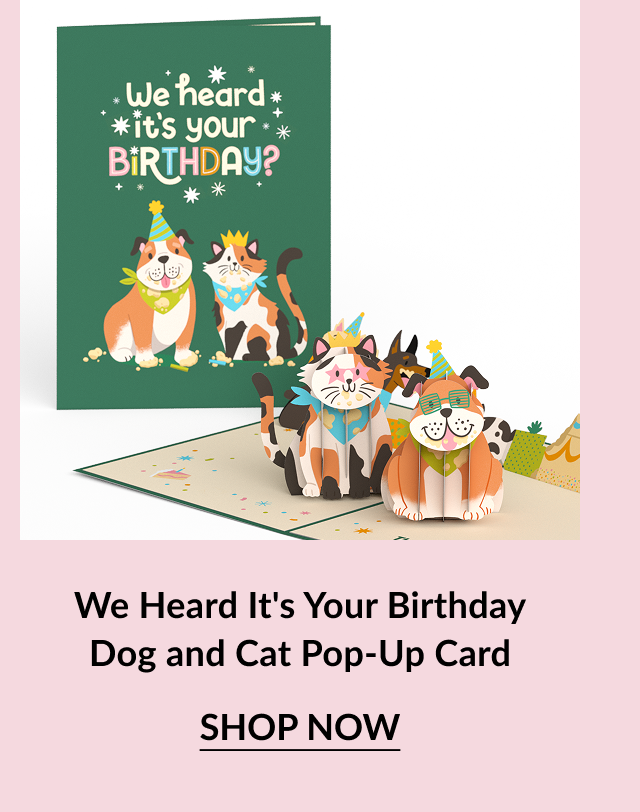 Pop-up card with dogs and cats in party hats and the text “We Heard It’s Your Birthday?”