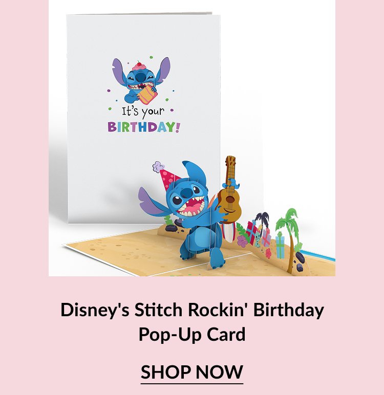 Pop-up card featuring Stitch from Disney playing guitar in a tropical birthday scene.