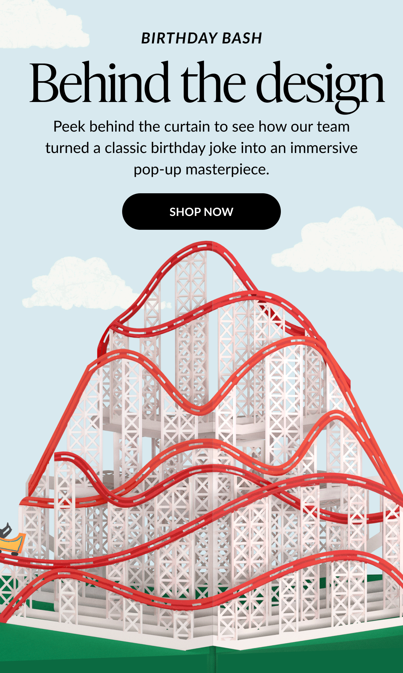 Animated graphic of a rollercoaster-themed birthday card opening with headline text that says 