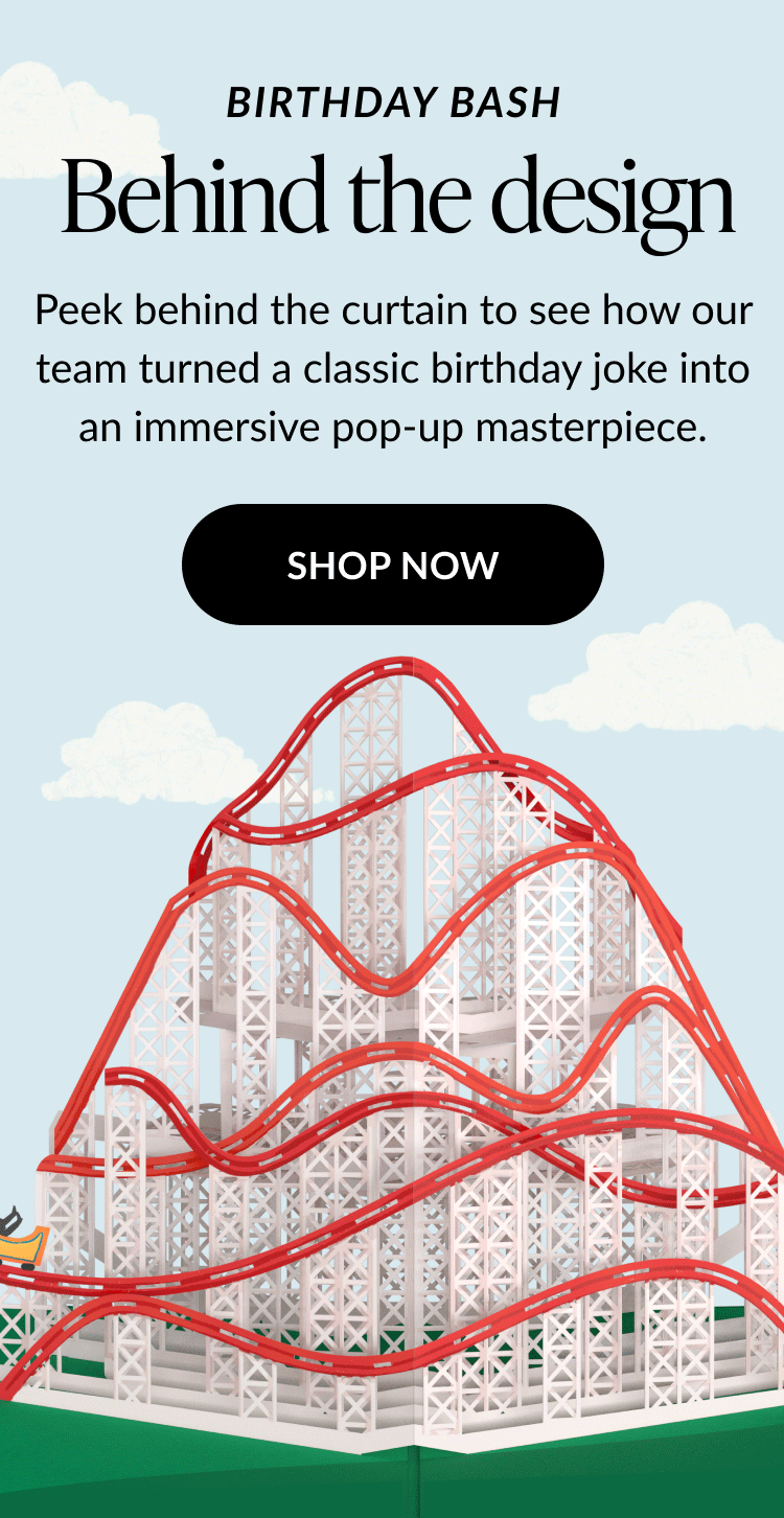 Animated graphic of a rollercoaster-themed birthday card opening with headline text that says 