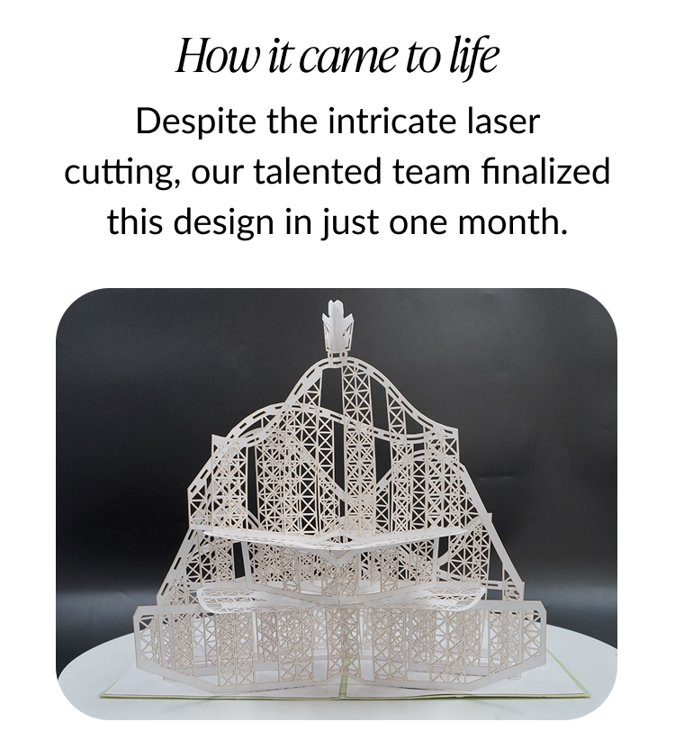 Unpainted paper prototype of the birthday rollercoaster pop-up card, showcasing the intricate laser-cut design.