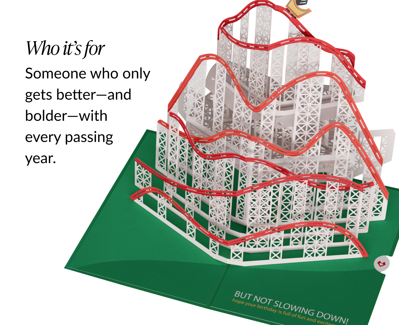 Fully assembled rollercoaster pop-up birthday card with a red track and a small birthday hat-wearing figure riding the coaster.