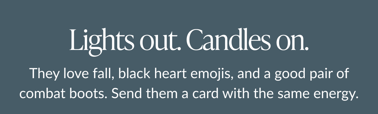 Dark teal background with white text about fall lovers and cards that match their spooky style