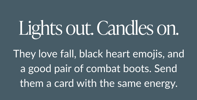 Dark teal background with white text about fall lovers and cards that match their spooky style