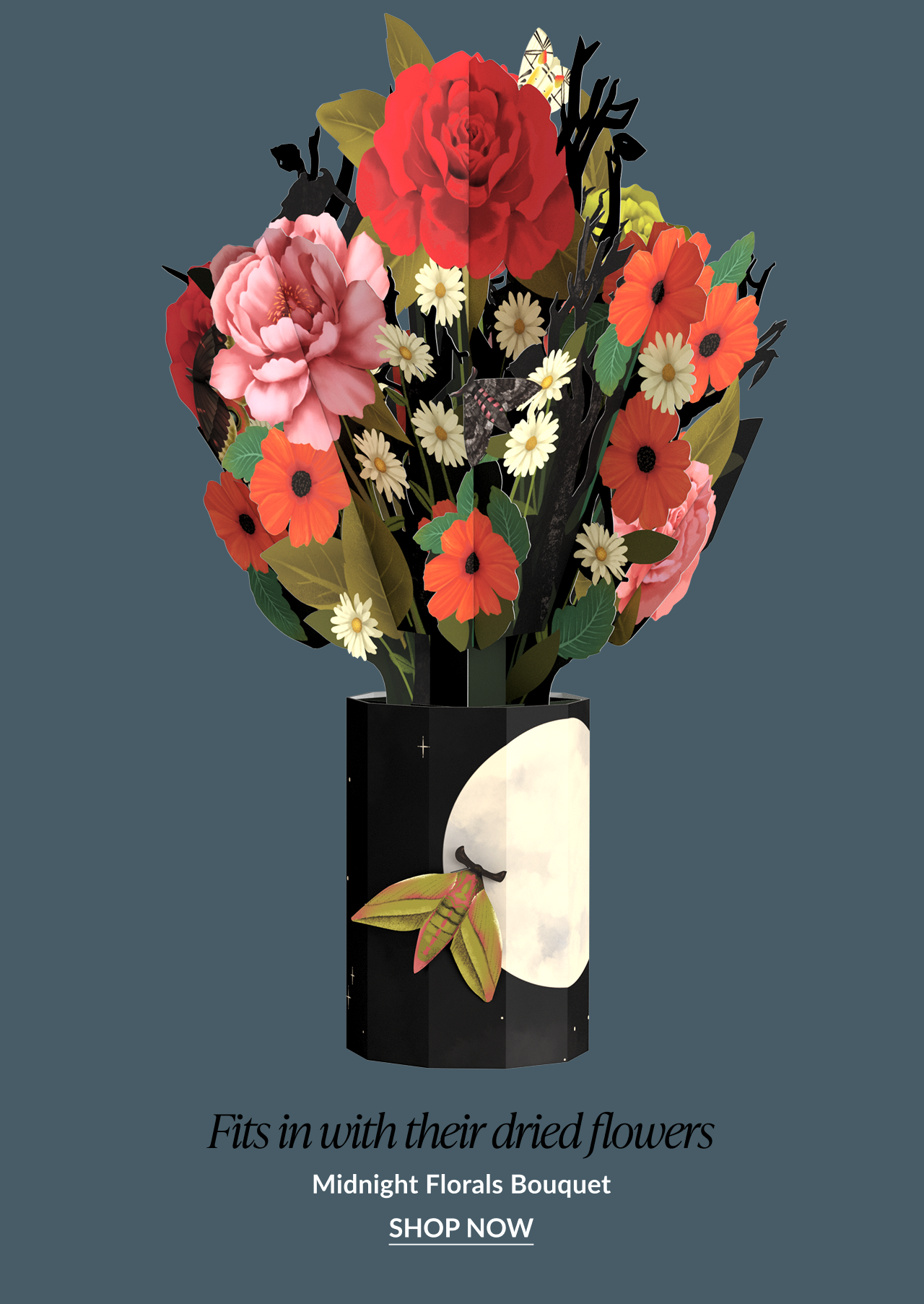 Midnight Florals Bouquet pop-up card with red, pink, and orange flowers in a moonlit black vase