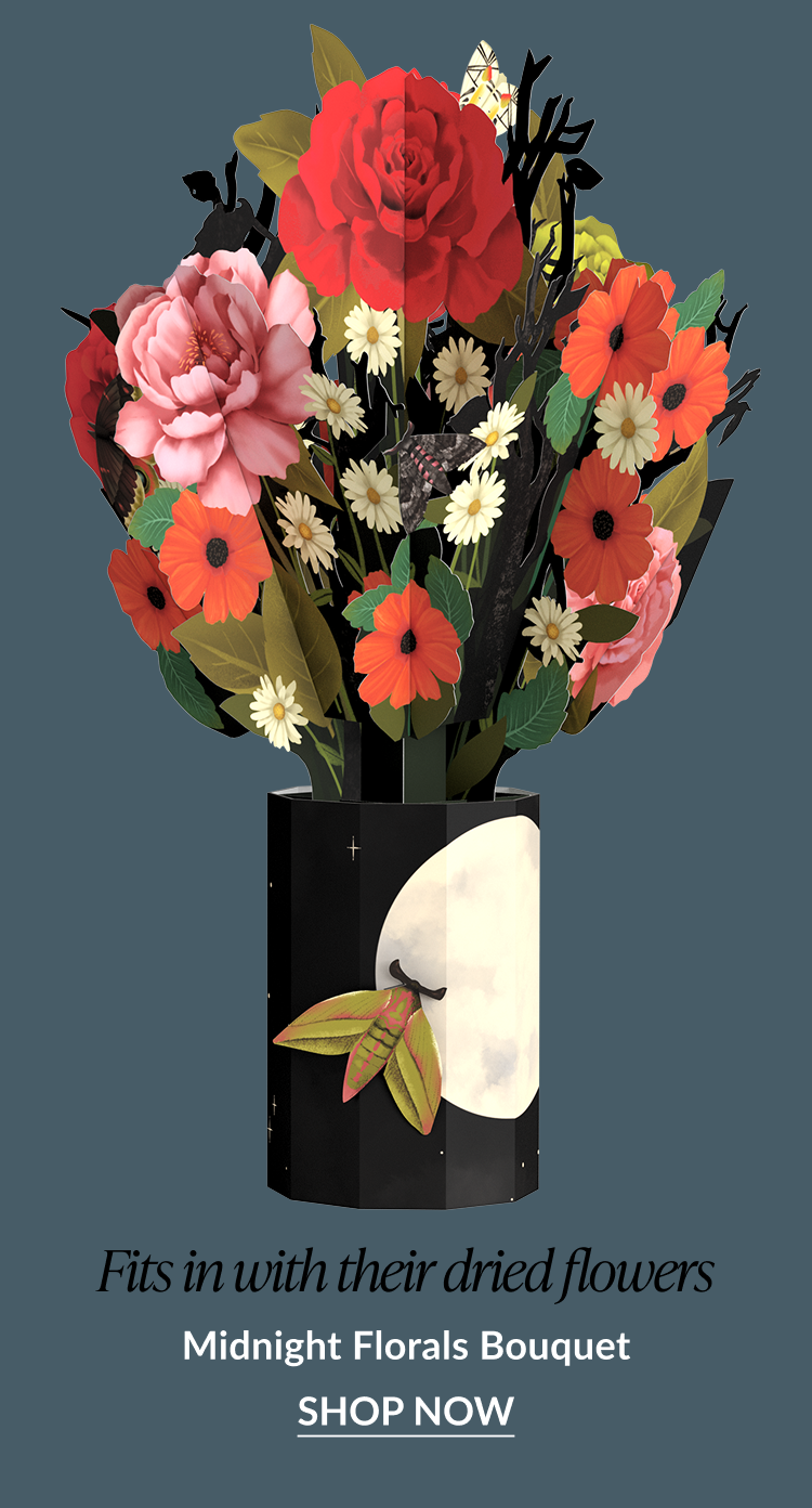 Midnight Florals Bouquet pop-up card with red, pink, and orange flowers in a moonlit black vase