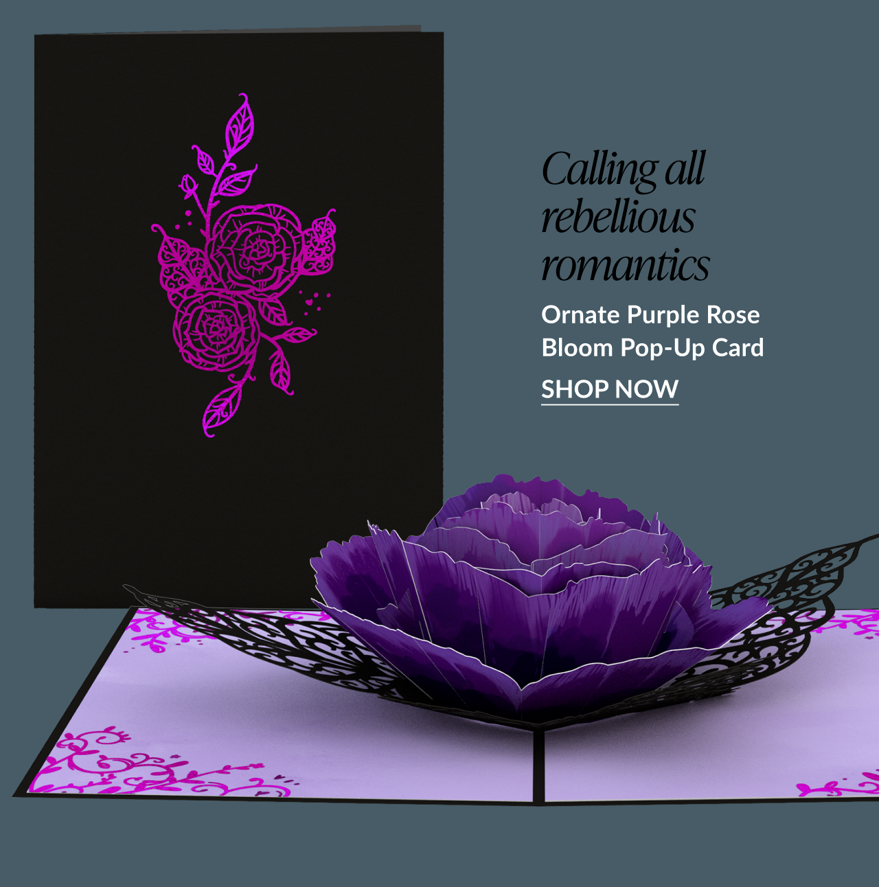Ornate Purple Rose Bloom pop-up card with a dark cover and intricate purple flower design
