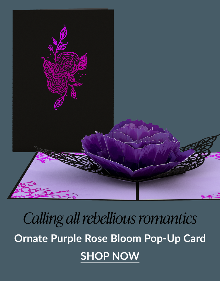 Ornate Purple Rose Bloom pop-up card with a dark cover and intricate purple flower design