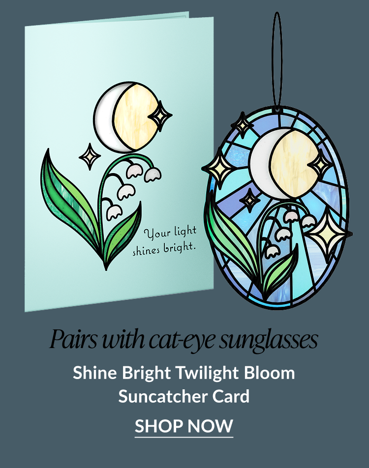 Shine Bright Twilight Bloom Suncatcher card with a moon and lily of the valley design in a stained glass style